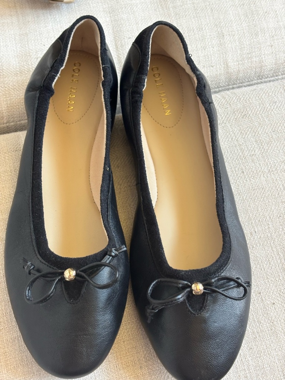 Cole Haan Black Leather Ballet Flats with Gold Accent
